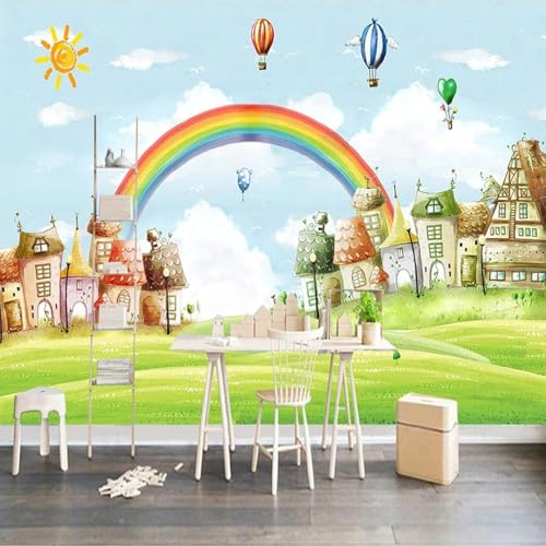 Cartoon Regenbogen Heißluftballons Häuser Rasen 3D Tapeten Tapete Luxus Home Esszimmer Fototapete Effekt Wohnzimmer Schlafzimmer Kinderzimmer-150cm×105cm