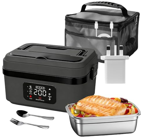 Cordless Electric Lunch Box, 1L Portable Food Warmer with 304 Stainless Steel Container, Touch Screen & Adjustable Temperature, 8000mAh Battery Powered Heated Lunch Box for Work, Car, Travel (Black)
