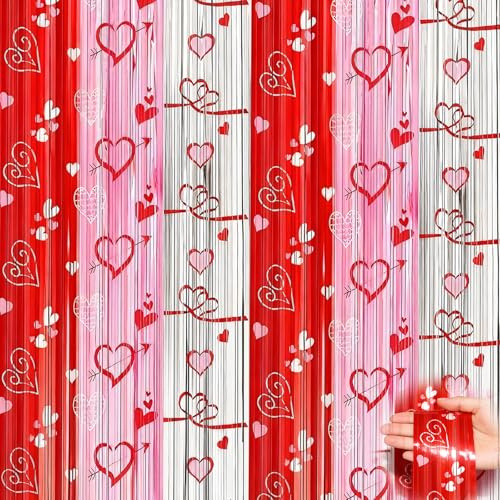 2pcs White Pink Red Heart Tinsel Curtain Door Foil Fringe Curtain Backdrop,3.2x6.5ft Valentines Party Streamer Curtains Stage Backdrop,Heart Hanging Valentines Decorations for Engagement Wedding Party