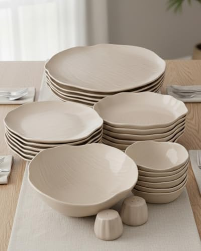BAVARY Cermico servizio piatti 27 pezzi, set piatti 6 persone con piatti ceramica beige stile scandi, oltre a piatti moderni e piatti colorati con bordo ondulato; adatti a lavastoviglie e microonde