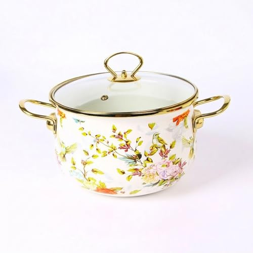 JISADER Enamel Stockpot 20cm Vintage Floral Stew Pot with Glass Lid and Gold Handles Decorative Saucepan for Kitchen Soup Simmering