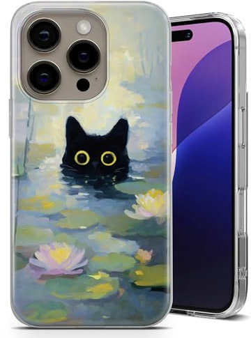 AMAZING Schwarze Katze Van Gogh inspirierte Hülle für iPhone 6,7,8,X,Xr,11,12,13,14,15,16,17, Air,e Serie – Kristallklare stoßfeste TPU Schutzhülle - Teich