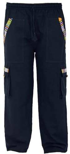 Yogahose, Goa Hose im Ethnostyle, 100% Baumwolle, Herren, schokobraun | elastischer Bund, traditionelle nepalesische Webbordüren, normaler Schnitt, leichte Qualität