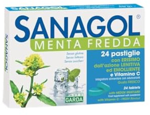 SANAGOL Menta Fredda 24 Caramelle Gola Voce | Pastiglie per Mal di Gola, Tosse e Raffreddore con Erisimo, Vitamina C, Mentolo ed Eucalipto | Azione Emolliente e Lenitiva | Gusto Menta Fredda