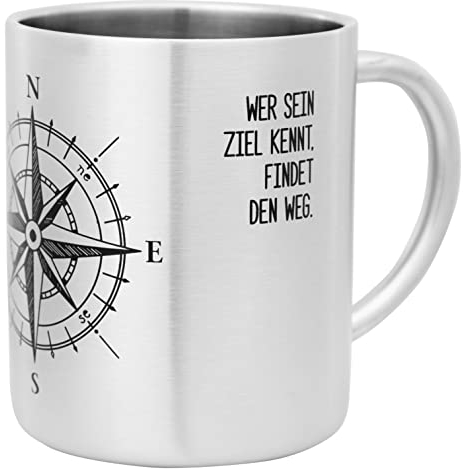 Musgy Edelstahltasse mit Kompass Motiv, bruchfeste Camping Tasse, 280 ml, Edelstahl Becher, silber
