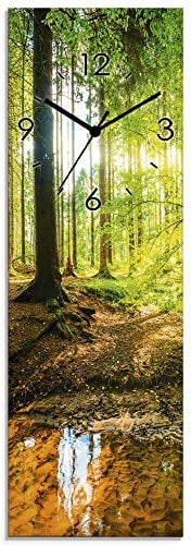 ARTLAND Wanddeko Wanduhr ohne Tickgeräusche Glas Quarzuhr 20x60 cm Rechteckig Lautlos Wald Bach Landschaft Natur Sonne Bäume T9IO
