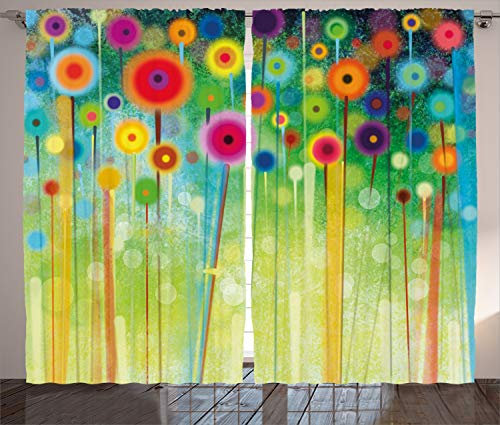ABAKUHAUS Blumen Rustikaler Gardine, Abstrakte Kunst Löwenzahn, Schlafzimmer Kräuselband Vorhang mit Schlaufen und Haken, 280 x 260 cm, Mehrfarbig Grün