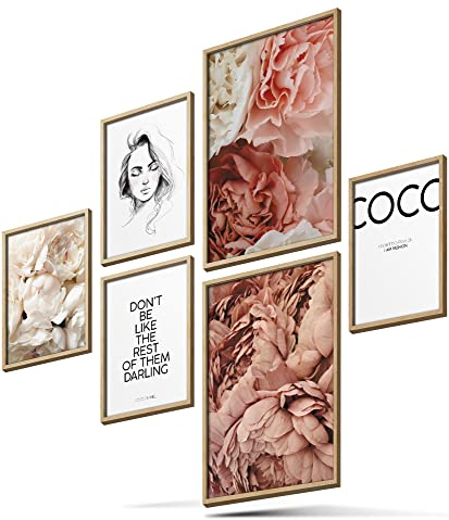 BLCKART Infinity Premium Poster Bilder Set COCO Stilvolle Doppelseitige Rosen Poster Blumen Wohnzimmer Deko | 2x A3 | 4x A4 (COCO PEONIES White | 6er, Ohne Rahmen)