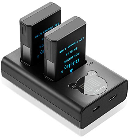 OJelay EN-EL14 1100mAh Ersatzakku 2 Stück für Nikon EN-EL14 Kamera Akku und LCD Smart Dual Ladegerät für Nikon D3100,D3200,D3300,D3400,D3500,D5100,D5200,D5300,D5500,D5600,P7000,P7100,P7700,P7800,DF