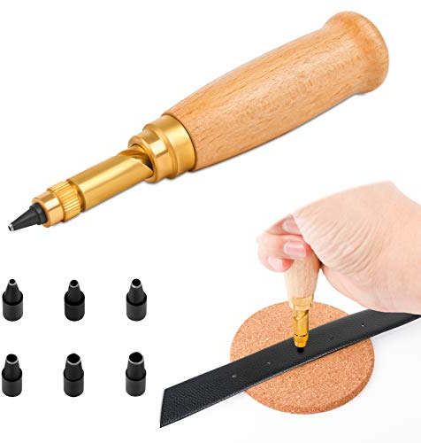 Leder Locher Automatische Lochstanzer mit 6 Pcs Loch Durchmesser 1-4mm von Lochpfeifen Spitze,Schrauben-Locher zum Leder Holzgriff Leder Stanzen Locher für Gürtel Nähen Papier Leder PVC Handwerk