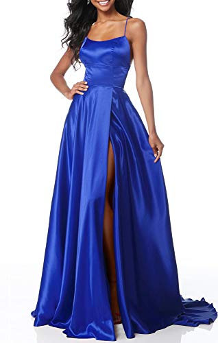 Lecureler Robe de bal longue en satin à bretelles spaghetti, bleu marine, 34