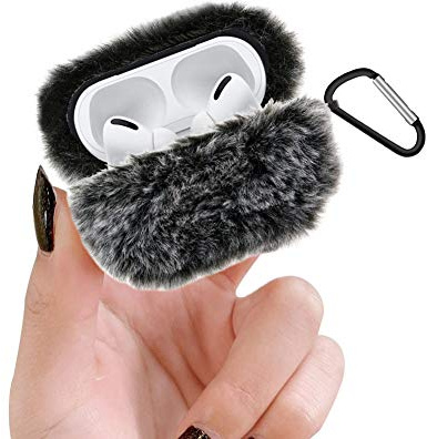 LCHDA für AirPods Hülle, Winter Warm Flauschiges Fell Pelzimitat Pelzig Weich Plüsch Tasche Stoßfest TPU Silikon Innenschale Ladekoffer Gehäuse Schutzhülle mit Karabiner für Apple AirPods 1 & 2, Grau