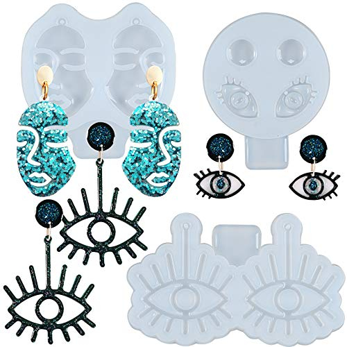 FUNSHOWCASE Lot de 3 moules en silicone pour boucles d'oreilles en résine époxy avec trous de suspension, mauvais œil et visage de femme abstrait