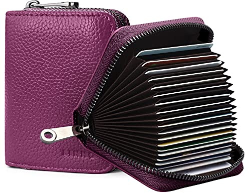 Goopai RFID 20 Card Slots Credit Card Holder Genuine Leather Accordion Card Case Small Wallet for Women or Men with Zipper (Purple)