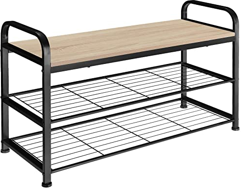 tectake 800951 Schuhregal mit Sitzfläche, Schuhbank aus Holz und Metall, Industrie-Design, 3 Ebenen mit 2 Gitterablagen, 91 x 36 x 55 cm, schwarzes Metallgestell (Hellbraun | Nr. 404286)