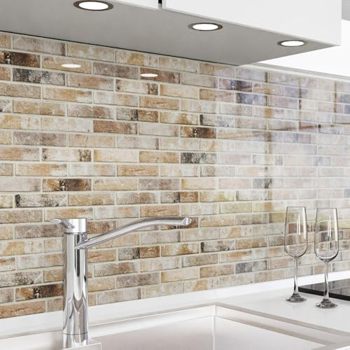 danario Küchenrückwand selbstklebend - Glasoptik - Spritzschutz Küche - versteifte PET Folie - 0,8 mm - Ziegelsteine - 60cm x 400cm