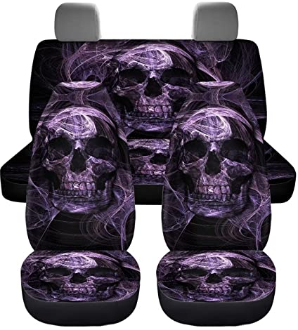 chaqlin 3D Schädel Druck Autositzbezüge Full Set für Damen Herren Auto Innenraum Zubehör Vordersitze Protektoren hinten Split Bank Sitzpolster Set von 4-Pcs Universal Auto Sitzbezug