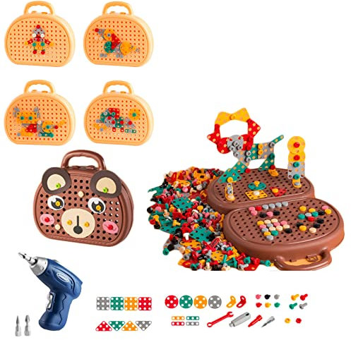 2023 New Creativity Tool Box - 203 Pieces Creative Mosaic Puzzle Toy, Electric Drill Screw Tool Set Drill and Screwdriver Tool Building Toys Kit,STEM Blocks Learning Kit for Kids Ages 3+ (Brown)