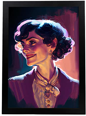 Nacnic Coco Chanel in voller Farbe Fotostil. Cartoon-Illustrationen berühmter Erfinder und Schöpfer. Innenarchitektur und Dekoration. A3 mit schwarzen Rahmen.