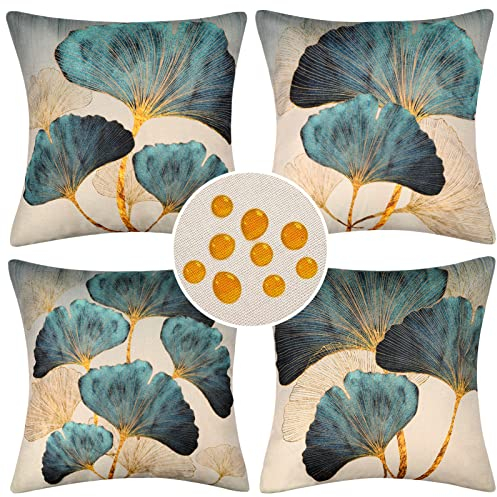 Wasserdichte Kissenbezug 4 Stück Dekorative Outdoor Kissen Wasserfest Atmungsaktiv Vintage Pflanzen Kissenbezug 40x40 Grün für Sofakissen Garten Outdoor Sofa Wohnzimmer Dunkelgrün Goldene Zierkissen