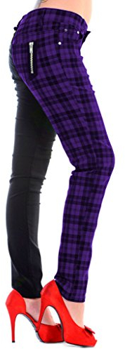 Banned Röhrenhose Karo Hose Damen Halbes Bein Karierte Hosen Split Punk Emo Alternative Mode, Violett, 2XL