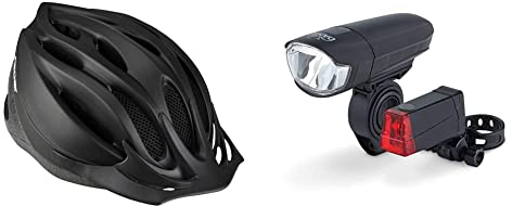 FISCHER Erwachsene Fahrradhelm, Radhelm, Cityhelm Shadow, S/M, 54-59cm, schwarz & DANSI Fahrradleuchten-Set StVZO I LED-Fahrradlicht I Rad-Licht hell vorne + hinten I Fahrradbeleuchtung 15-100 Lux