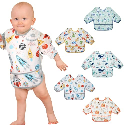 Lictin Lätzchen Baby, 5 Stück Lätzchen mit Ärmeln, Baby Lätzchen für 0-24 Monaten, Lätzchen mit Auffangschale, Babylätzchen für Jungen, Lätzchen Baby Abwaschbar, Baby Bibs 5 Muster