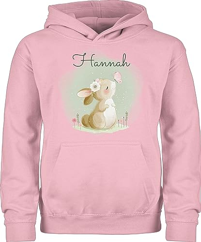 Kinder Hoodie Jungen Mädchen - Süßer Hase mit Name personalisiert I Hasen Geschenk Bunny I Rabbit I Kaninchen - 140 (9/11 Jahre) - Hellrosa - hasenmotiv Ostern Pullover osterhasen kaninchenmotiv