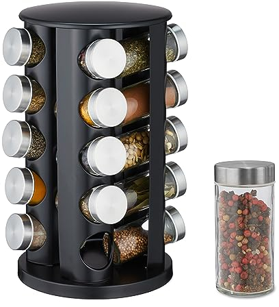 Relaxdays Gewürzkarussell, 20 Gewürzgläser, 80ml, mit Streueinsatz, drehbar, nachfüllbare Gewürzbar, Edelstahl, schwarz