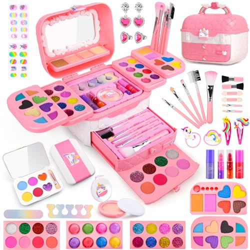 Auney Kinderschminke Set Schminkkoffer Mädchen,80PCS Waschbar Schminke Kinder Schminkset, Schminktisch Kinder Make Up Set Einhorn Geschenke für Mädchen 4 5 6 7 8 9 10 Jahre