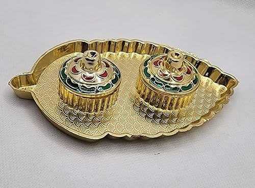 EliteKoopers 1pc Golden color Plastic Haldi Kumkum Holder, Kankavati, Puja Plate Decorative Pooja Article Leaf shape