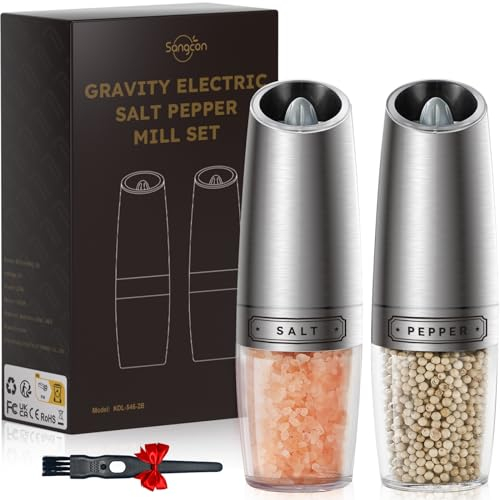 Sangcon Gravedad Eléctrica Sal y Pimienta Molinos Establecer, Alimentado por Baterías, Recargable, Operación con una sola mano, Grosería ajustable, Molino Automático(Acero Inoxidable Plata)