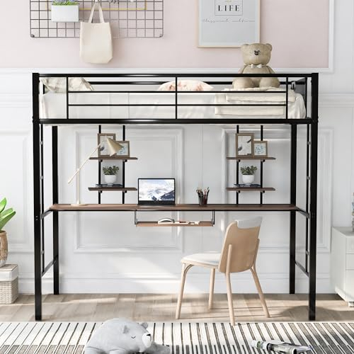 Hochbett 90x200cm Metallbett mit Schreibtisch und Zwei Bücherregalen, Eisenbett für Kinder Jugendliche und Erwachsene Jugendbett Bettrahmen aus Metall schwarz