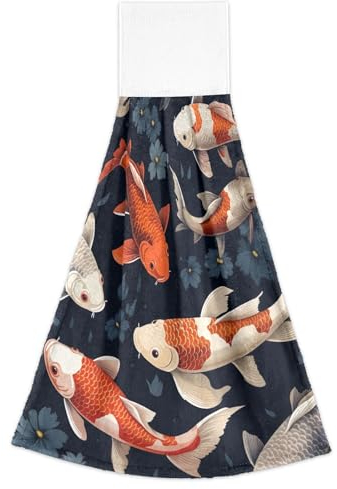 RPLIFE Koi-Fische auf kleinem Handtuch mit Aufhängeschlaufe, weiche Fingerspitzen-Handtücher, saugfähige Küchentücher zum Trocknen, Handtuch-Dekor für Badezimmer