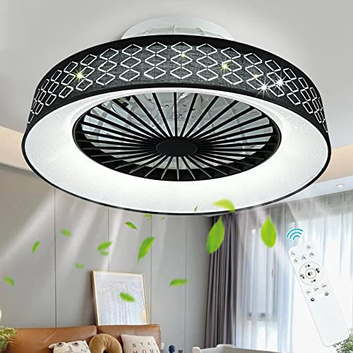 DLLT Remote Ceiling Fan with LED Light-30W Small Ceiling Fan Light Fixture Flush Mount, 7 Invisible Blades,18 Ceiling Fan for Bunk Bed, Kitchen Lighting, 3 Color temperatures and Files, Timing