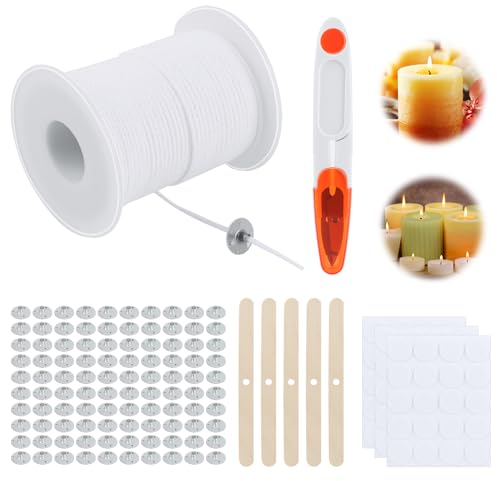 VFANDV Mechas para Velas, 1 Rollo 6100cm Mecha de Vela de Algodón, Mechas para Velas Caseras Kit para Hacer Velas Incluye 100 Portavelas