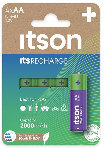 ITSON, AA rechargeable battery, pack of 4, min. capacity of 2000 mAh, pre-charged, packaging made of 95 Percent recycled materials, made in Japan, best for remote controls, torches, clocks