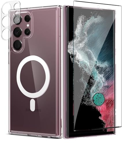 Magnetische Handyhülle für Samsung Galaxy S22 Ultra Hülle,360 Grad Schutzhülle,Transparente Case mit MagSafe [1 HD Panzerglas Schutzfolie+1 Kameraschutz] Stoßfest Samsung S22 Ultra Hülle Original