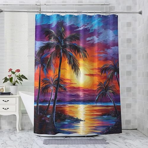 ADEIRO Duschvorhang Palmen, Landschaft Duschvorhang 90x180, Landschaft Duschvorhang mit 12 Plastik Haken, Waschbar Textil Shower Curtains für Dusche und Badewanne