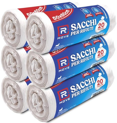 R MOVE 120 sacchetti spazzatura 50x60cm, sacchi spazzatura 30 litri, 6 rotoli di sacchi spazzatura, 20 sacchi immondizia per rotolo, sacchi indifferenziata, sacchetti pattumiera (Trasparenti)