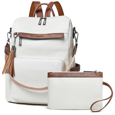 Shrrie Sac à dos pour ordinateur portable en cuir végétalien pour femme de 15,6, sac à dos de voyage tendance pour voyage, université, travail, 2 Beige avec Marron, Moderne, minimaliste
