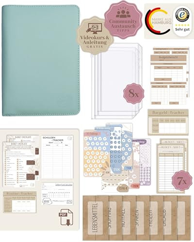 BeginnerBudget® Budget Planner Deutsch - Starterset mit Sparchallenge Budgetplaner - Sparen mit Umschlagmethode + Anleitung - Ringbuch - Binder A6 Geldbeutel Zipper (Hellblau)
