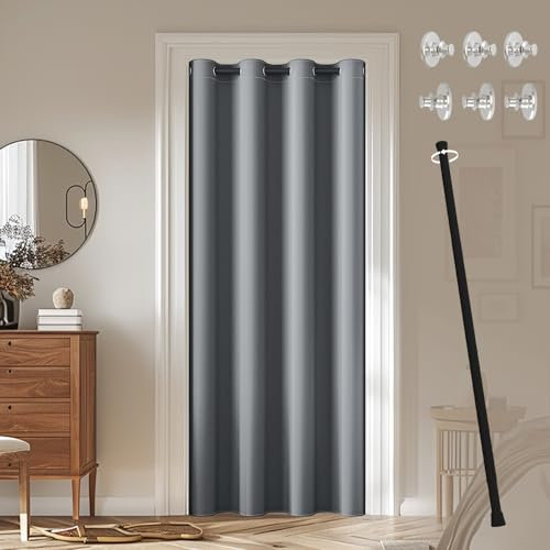 JCyh Rideau Occultant Rideau Porte Entrée avec Tringle Rideau Extensible, Lot de 1 Rideau Anti Froids Panneaux de Rideaux Intérieurs avec Œillets Isolation Lumineux, Rideau Gris + Tringle Blanc