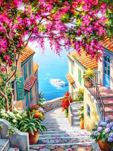 Yiminu.DS Diamond Painting Erwachsene, 5D Diamont Painting Bilder Diamant Painting Blumen Bastelset Basteln Mädchen, 30CM X 40CM, PinkFlowerStairs