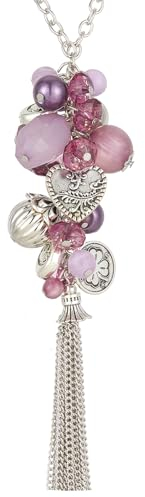 Bulinlin Silber Kette mit Anhänger und Quasten - Modeschmuck für Damen - Langes Geburtstagsgeschenk für Frauen (Purple)