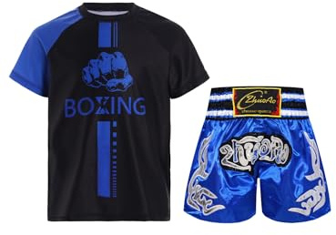TTAO Conjunto de ropa de boxeo para niños MMA, pantalones cortos de boxeo, camiseta para Muay Thai, artes marciales, fitness, entrenamiento, chándal, azul, 110 cm-116 cm