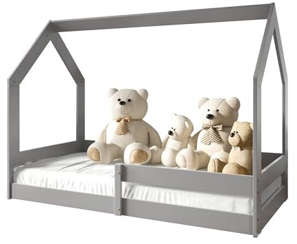Mirjan24 Kinderbett Pimrus 80x160 cm, Hausbett Kinder inkl. Rausfallschutz und Lattenrost, Massivholz Kiefer (Grau)