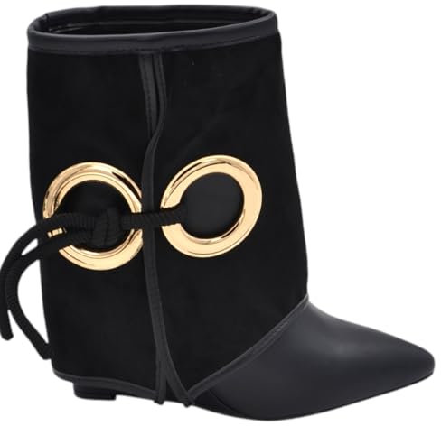 Malu Shoes Stivaletti Donna Alti in camoscio Nero Applicazioni Oro Modello Shark Risvolto Fino a Terra Zeppa 10 cm con Zip (40 EU)
