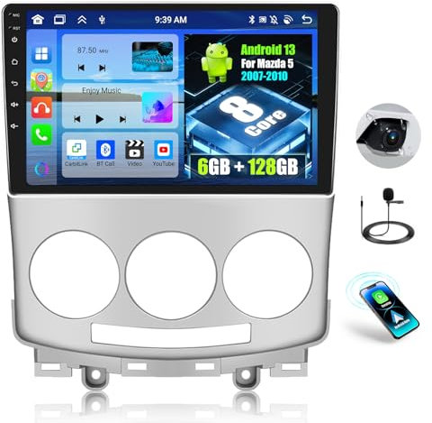OiLiehu 6+128G 8 Core Android 13 2 DIN CarPlay Android Auto para Mazda 5 2007-2010 Pantalla Radio Coche 9 Pulgadas con Bluetooth GPS FM/RDS WiFi SWC DSP/EQ Camara Marcha Atras
