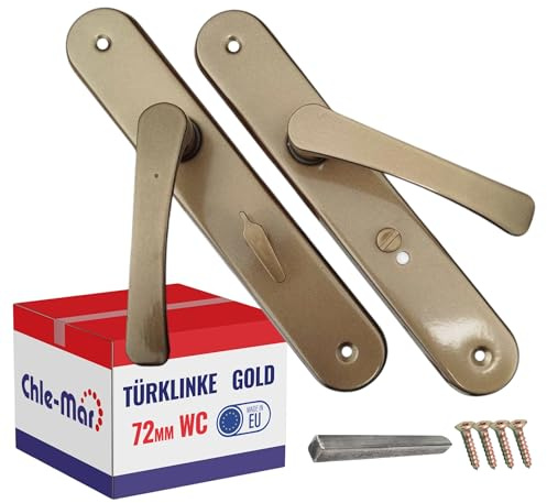 Chle-Mar - Türgriff Drückergarnitur mit Langschild – Gold / 72 mm/für Toiletten - Langschildgarnitur - Türklinke Set für Innentüren – Türbeschlag – Türgriffe mit Schlossloch – Türgarnitur
